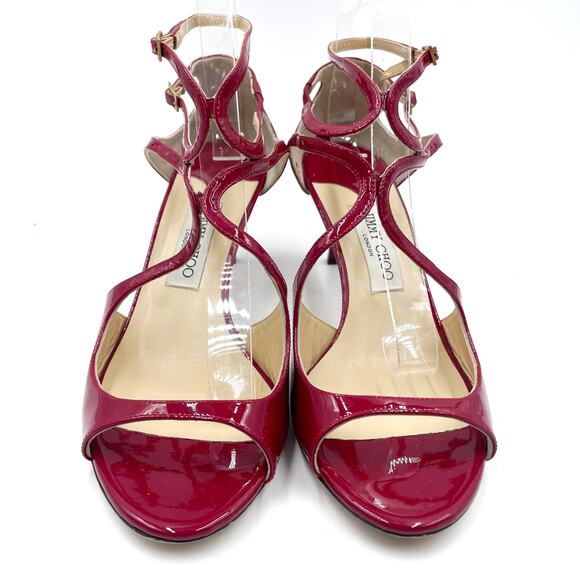 Jimmy Choo Ivette Sandals Burgundy Patent Leather Strappy Low Heels Sz 40 / 10 - Picture 4 of 11